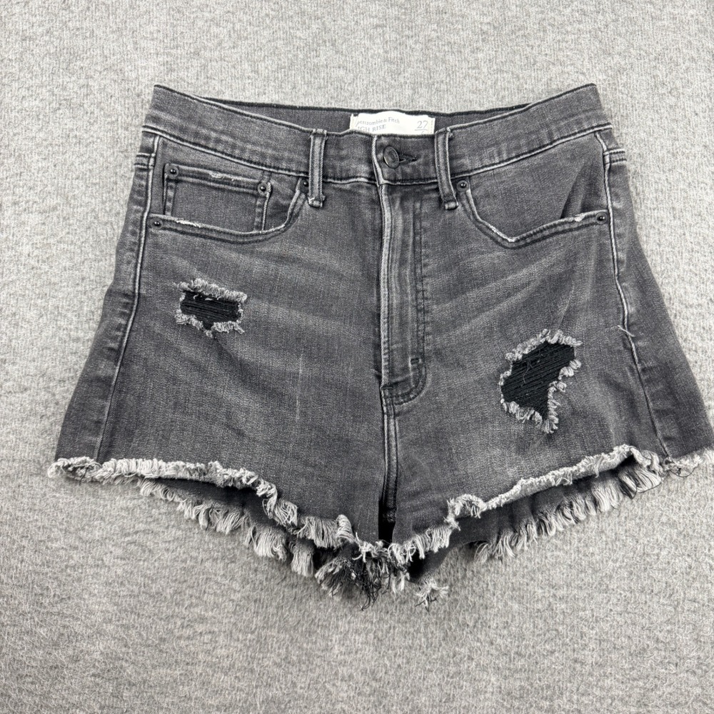 Abercrombie & Fitch Women's 27 High Rise Distressed Denim Shorts Black Frayed
